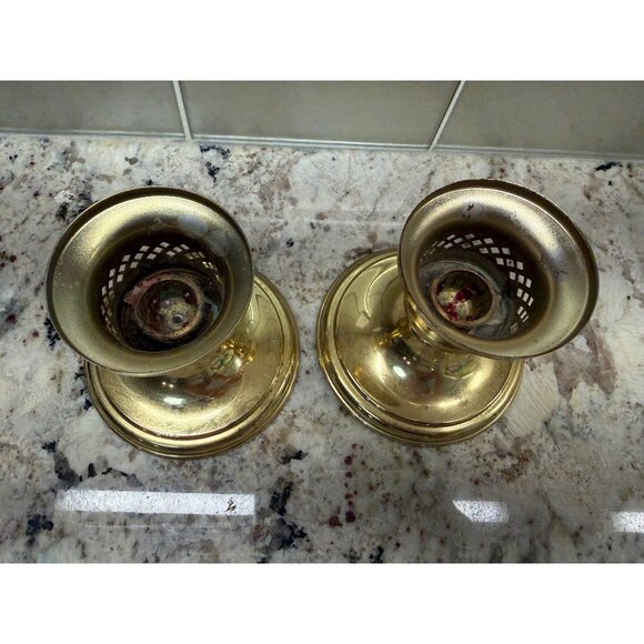 Pair of VTG Princess House Brass Candlestick Holders Intricate Cutouts Regency - Picture 7 of 8